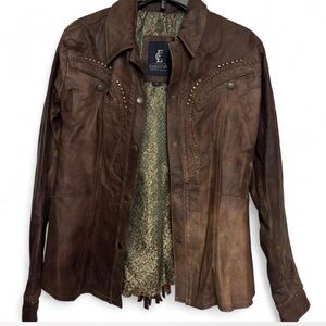 Brown Leather Jacket with Stud Details and fringe